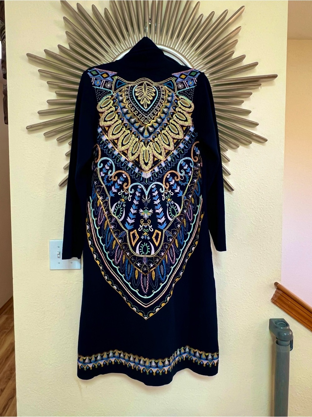 Soft Surroundings Navy Embroidered Long Cardigan boho western Sz 10/12